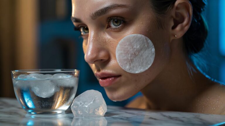 Illustration of cold water and alum powder applied as an astringent solution to temporarily tighten facial pores