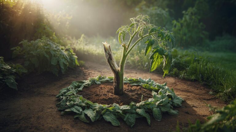 Illustration of comfrey leaf mulch applied around a damaged garden plant to support rapid tissue repair via allantoin