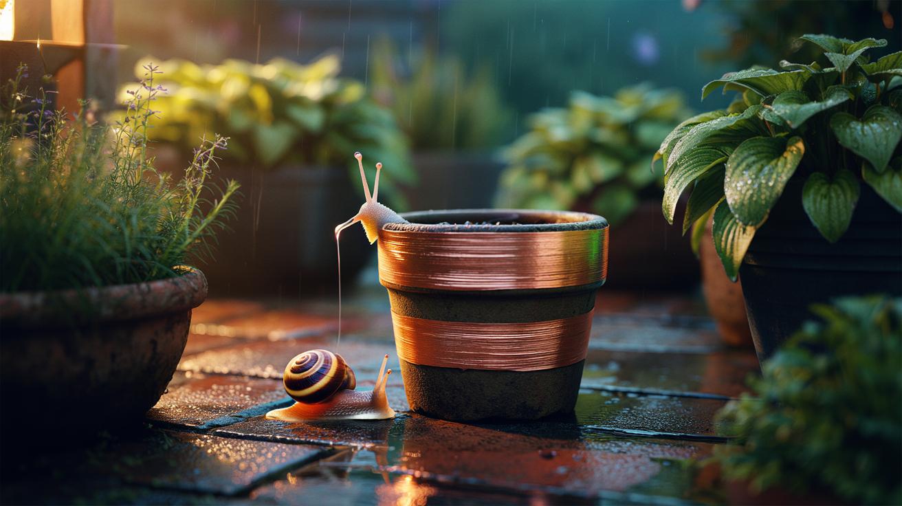 Illustration of a plant pot encircled with copper tape that repels snails