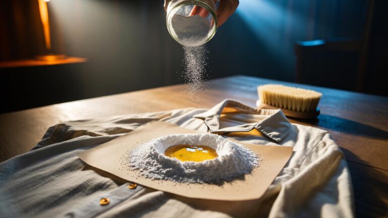 Illustration of cornstarch powder sprinkled over an oil stain on fabric to draw out grease overnight