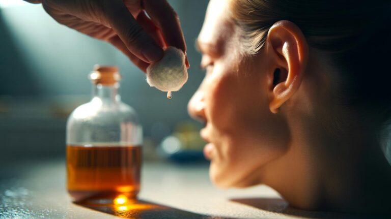 Illustration of a cotton ball soaked in vinegar held at the ear canal entrance to gently soften earwax