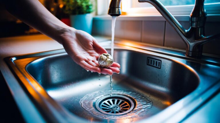 Illustration of a crumpled aluminium foil ball being dropped into a kitchen sink garbage disposal with cold water running to clean and burnish the grind ring