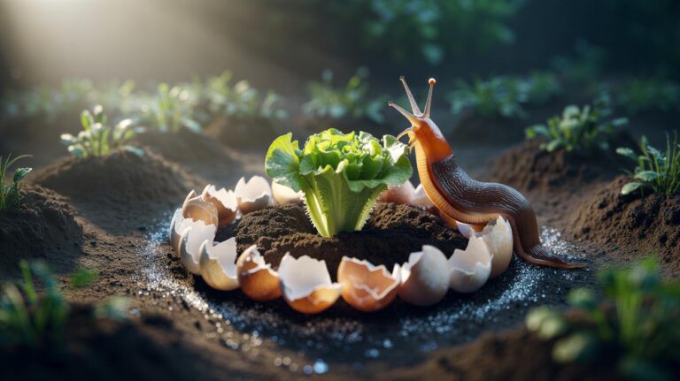 Illustration of crushed eggshells forming a barrier around a lettuce seedling with a slug hesitating at the edge