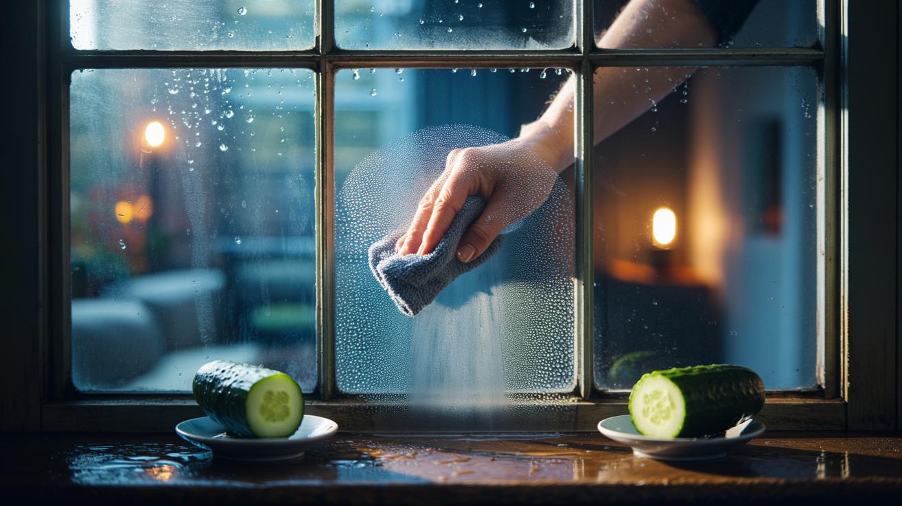 Illustration of chilled cucumber slices on saucers placed at the lower corners of an interior window to draw condensation, while a thin cucumber film is being buffed across the central pane