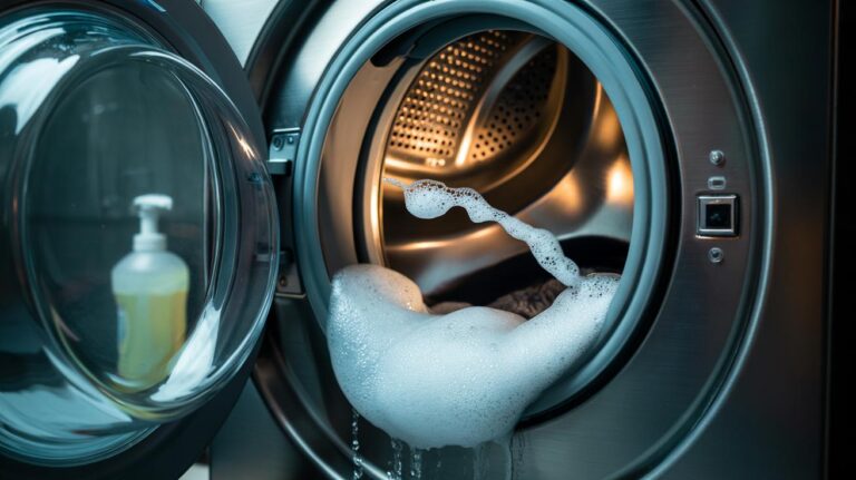 Illustration of a washing machine drum cleaned with a micro-dose of dish soap, with gentle foam flushing out residue buildup