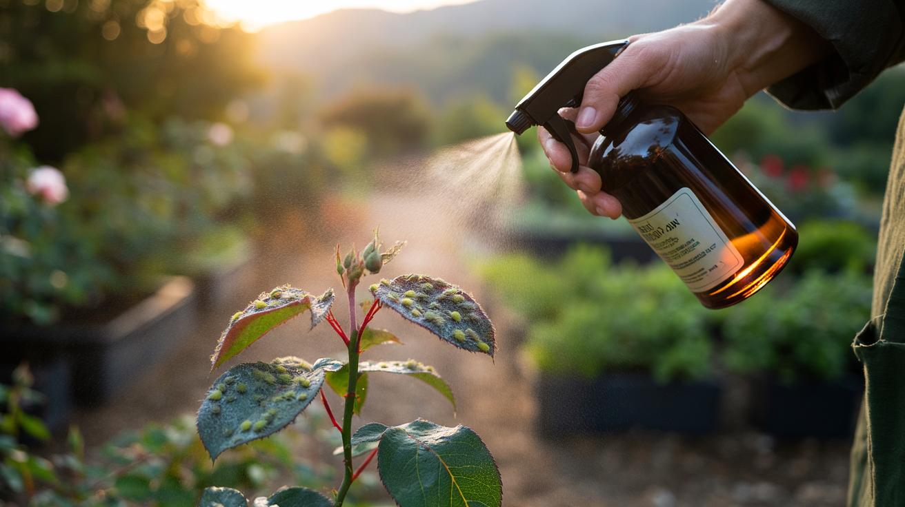 Illustration of a gardener applying a dish soap and light oil spray to aphid-infested leaf undersides to suffocate soft-bodied pests