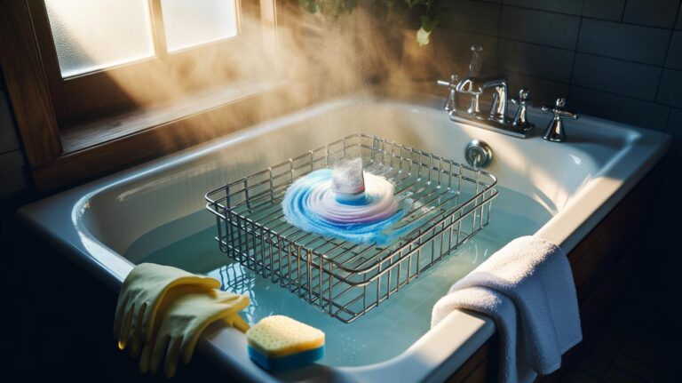 Illustration of oven racks soaking overnight in hot water with a dishwasher tablet in a towel-lined bathtub