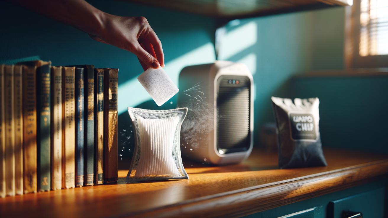 Illustration of a hand placing a dryer sheet at the back of a bookshelf to reduce musty odours and keep pages fresh