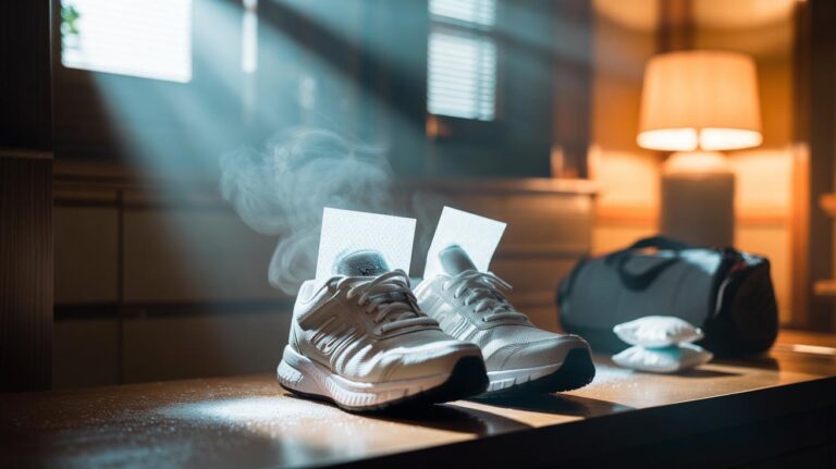 Illustration of a dryer sheet placed inside shoes overnight to absorb sweat and reduce odour