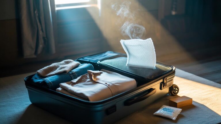 Illustration of an open suitcase with folded clothes and a dryer sheet placed inside to keep them fresh in storage