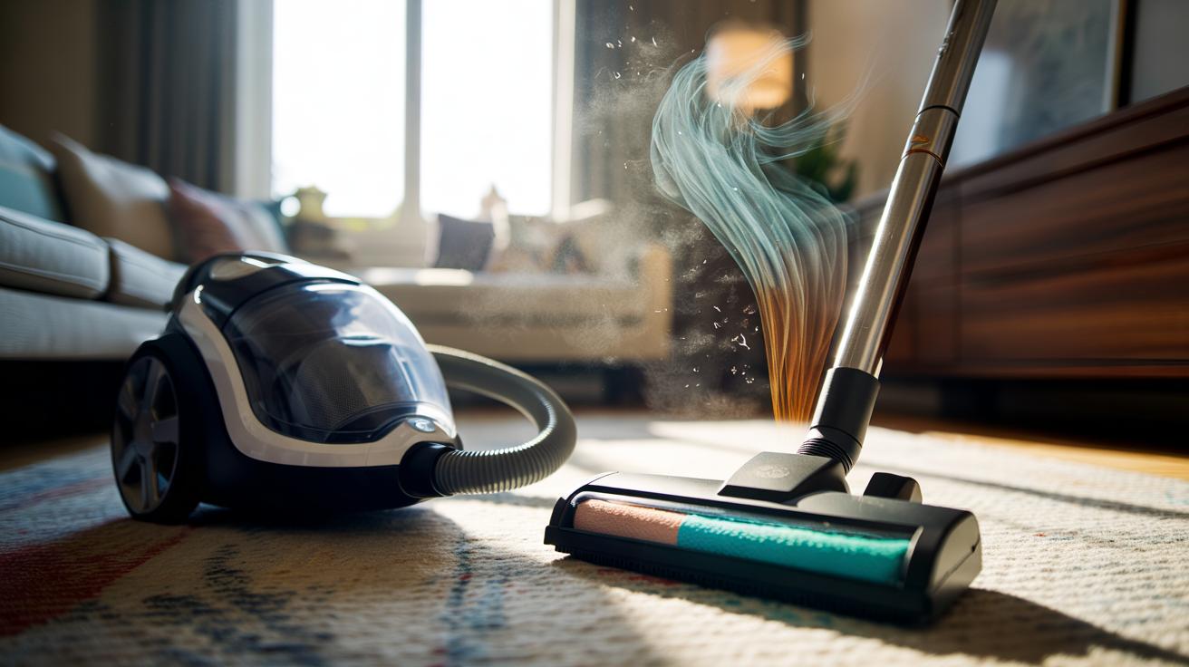 Illustration of a vacuum cleaner emitting scented airflow from a dryer sheet placed in the vacuum bag while cleaning a room