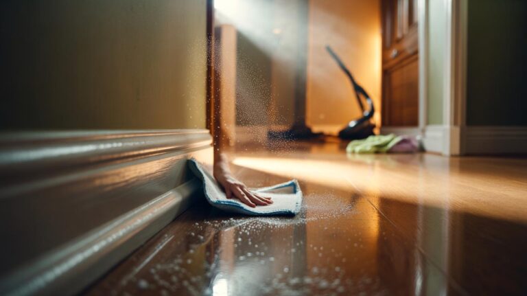 Illustration of a hand wiping a skirting board with a dryer sheet to repel dust by reducing static