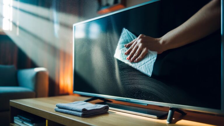 Illustration of a hand gently swiping a used dryer sheet across a TV screen to reduce static and repel dust.