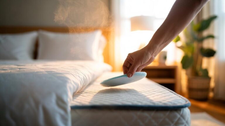 Illustration of a dryer sheet being placed under a mattress to keep bedding fresh for weeks