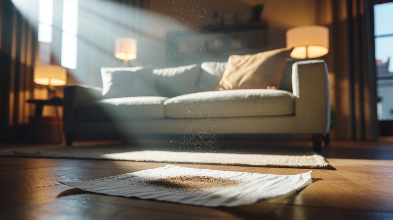 Illustration of a dryer sheet placed under a sofa, trapping crumbs and lint with static electricity to keep cushions clean