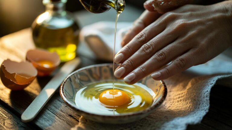 Illustration of an egg yolk and olive oil nail mask being applied to brittle fingernails