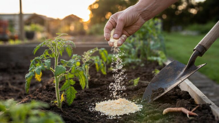 Illustration of finely crushed eggshells being mixed into garden soil to provide calcium and support stronger plant growth