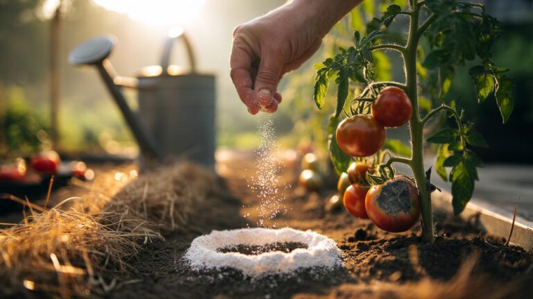 Illustration of ultra-fine eggshell powder being sprinkled around tomato plants affected by blossom end rot