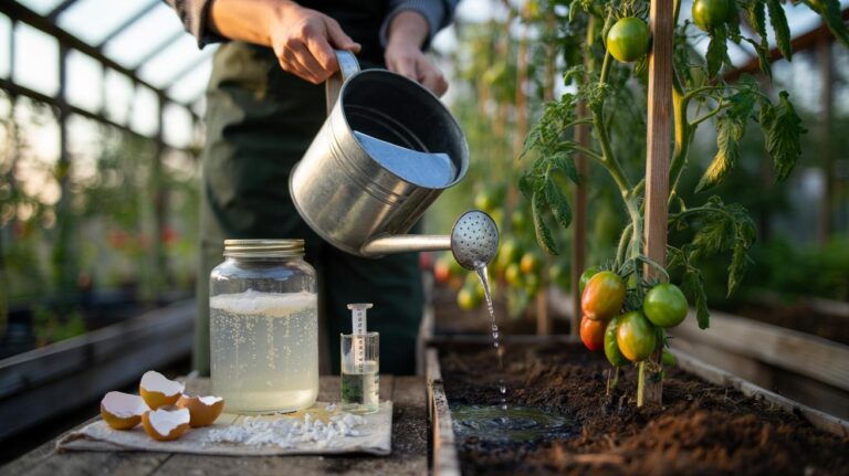 Illustration of a gardener preparing eggshell and vinegar tea and applying the liquid calcium to tomato plants to prevent blossom-end rot