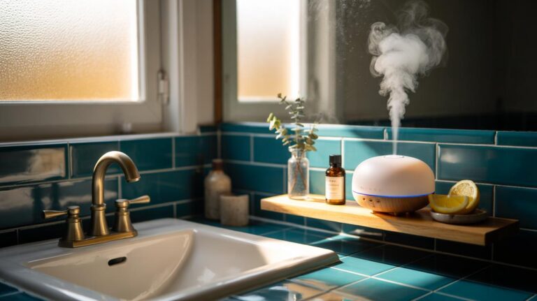 Illustration of an essential oil diffuser emitting a gentle mist in a bathroom to neutralise lingering odours and keep the space fresh all day