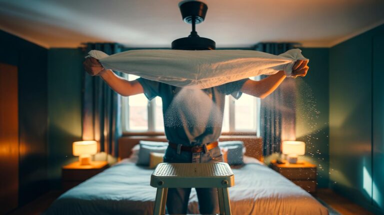 Illustration of a pillowcase being slipped over a ceiling fan blade to trap dust before it falls