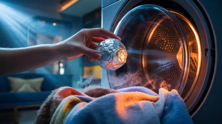 Illustration of an aluminium foil ball in a tumble dryer reducing static and pet hair on laundry