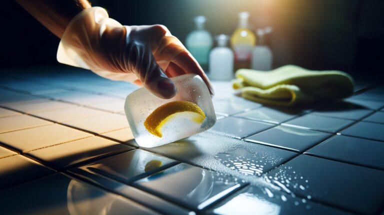 Illustration of a frozen vinegar cube being applied along tile grout lines to clean without scrubbing