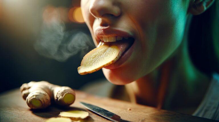 Illustration of a person placing a thin slice of fresh ginger on the tongue to neutralise mouth odours