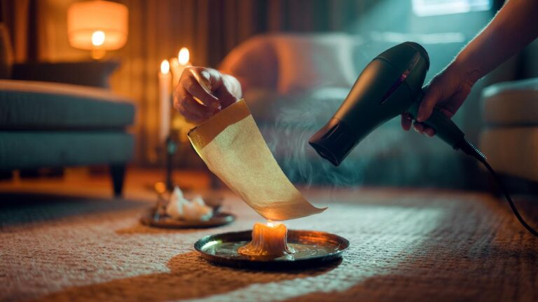 Illustration of a hairdryer and baking paper lifting candle wax from a carpet