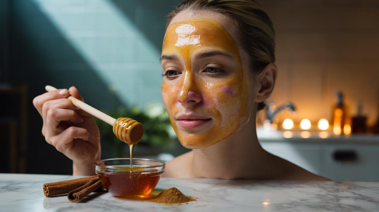 Illustration of a honey and cinnamon face mask being applied to adult acne-prone skin