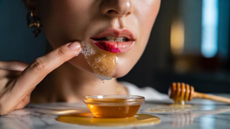 Illustration of a honey and baking soda scrub gently fizzing while lifting a lipstick stain from the skin around the lips