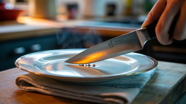 Illustration of a heated knife gently smoothing the chipped rim of a porcelain plate to soften the glaze