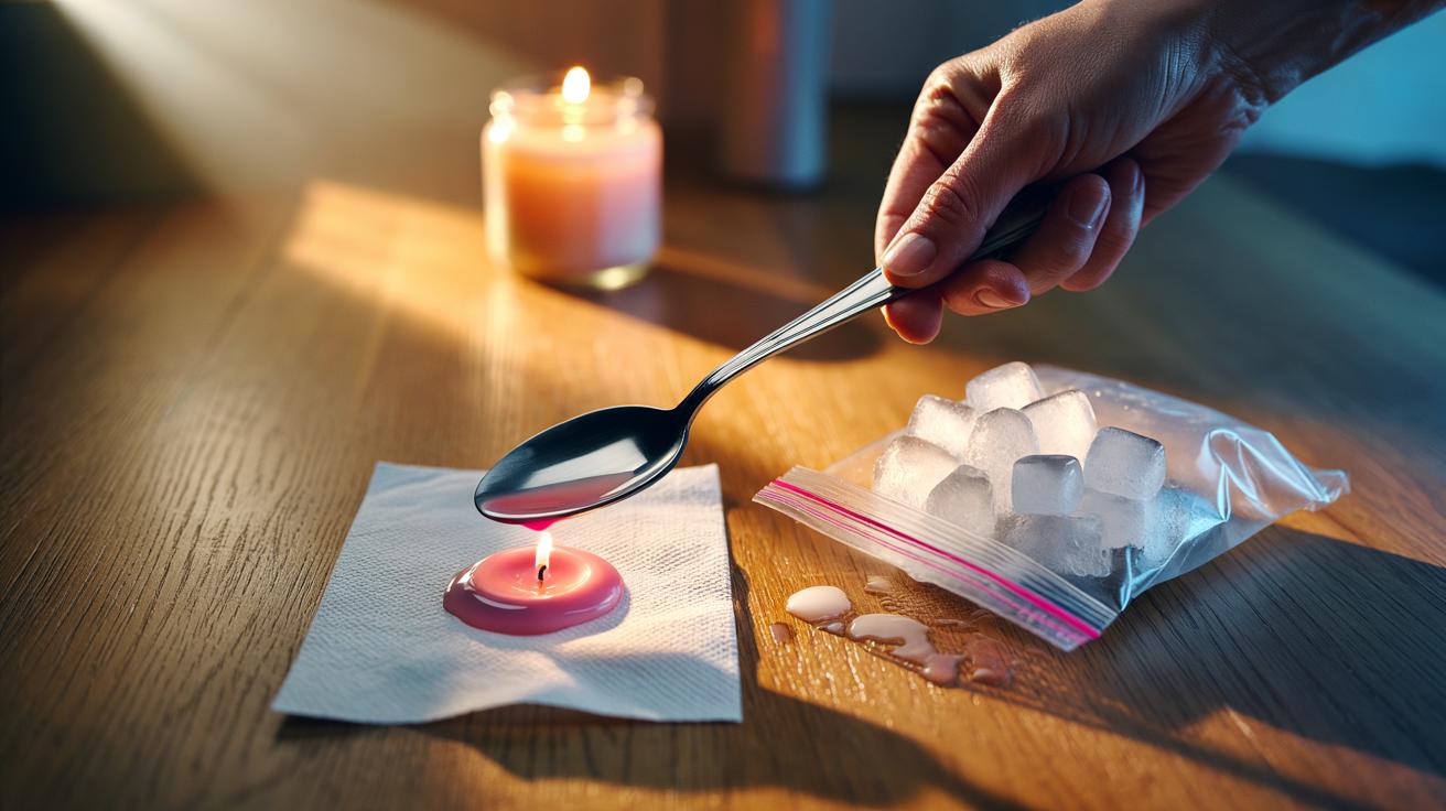Illustration of the hot spoon and ice method removing candle wax from a wooden floor