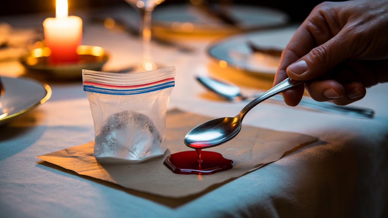 Illustration of the hot spoon and ice method removing candle wax from a tablecloth onto paper towels