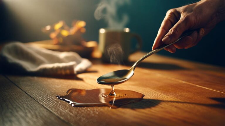 Illustration of a hot spoon applied over a drop of water to lift a dent in a wooden tabletop
