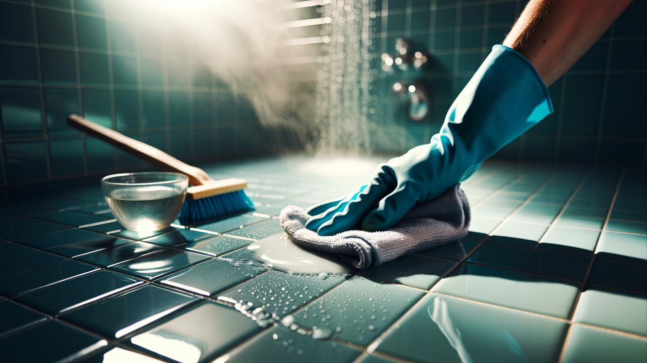 Illustration of a hot vinegar-soaked cloth pressed against bathroom tiles to dissolve soap scum and limescale buildup