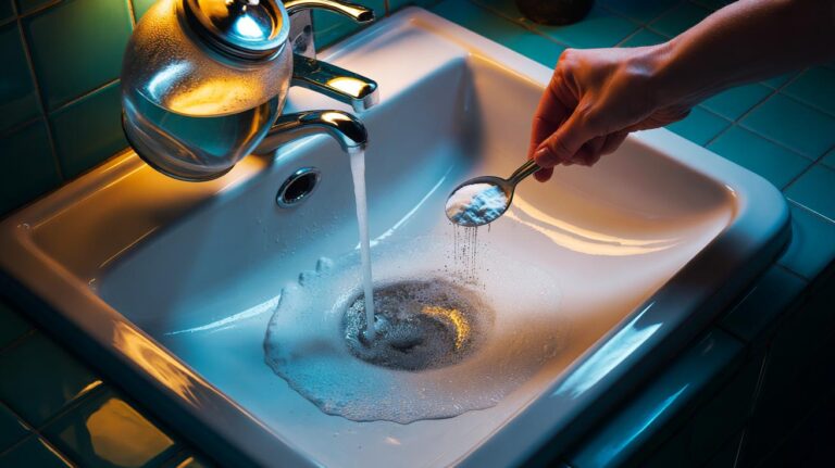 Illustration of hot water and baking soda being poured into a bathroom sink drain, creating fizz that dislodges hair and soap scum