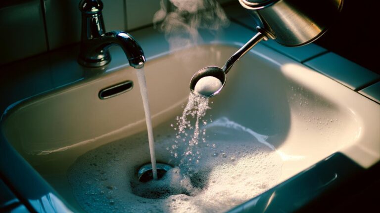 Illustration of hot water and bicarbonate of soda being poured into a bathroom drain as fizz lifts hair and soap scum