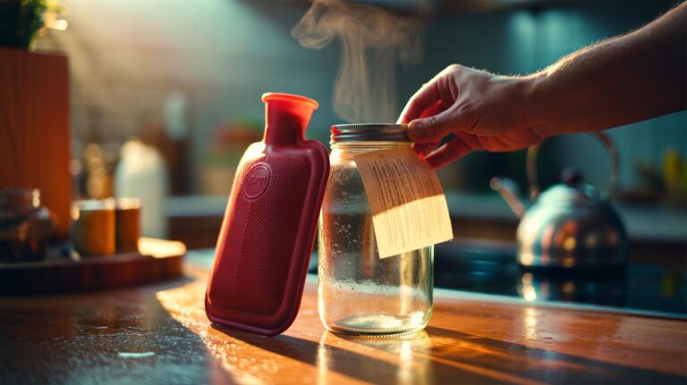 Illustration of a hot water bottle pressed against a glass jar label to loosen adhesive for a clean peel