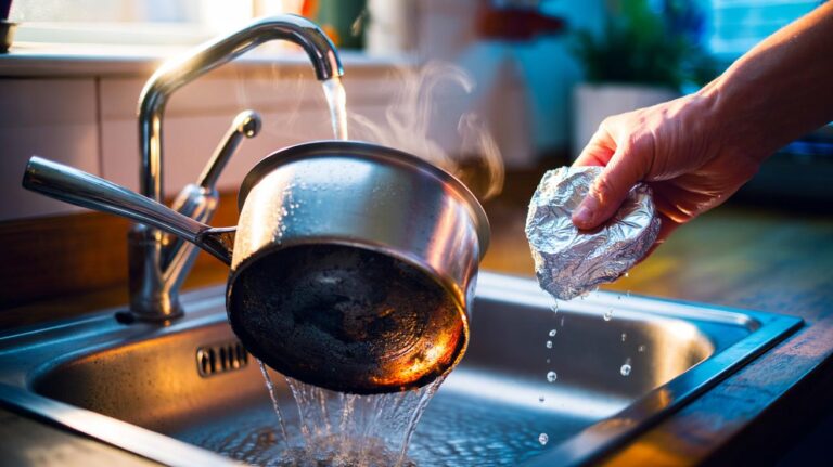 Illustration of hot water and a scrunched ball of aluminium foil lifting burnt-on black residue from the base of a stainless steel pan