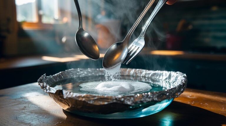 Illustration of silver cutlery in a heatproof dish lined with aluminium foil, immersed in hot water and bicarbonate of soda to lift tarnish