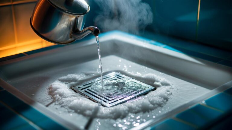 Illustration of hot water and salt being poured into a shower drain to unclog hair and soap scum