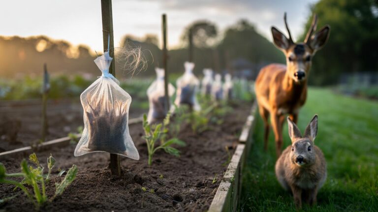 Illustration of human hair clippings in mesh bags placed along garden borders to deter deer and rabbits via predator scent