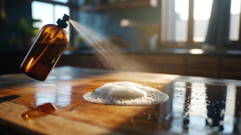 Illustration of a 3% hydrogen peroxide spray being applied to a cutting board with visible bubbling oxidation