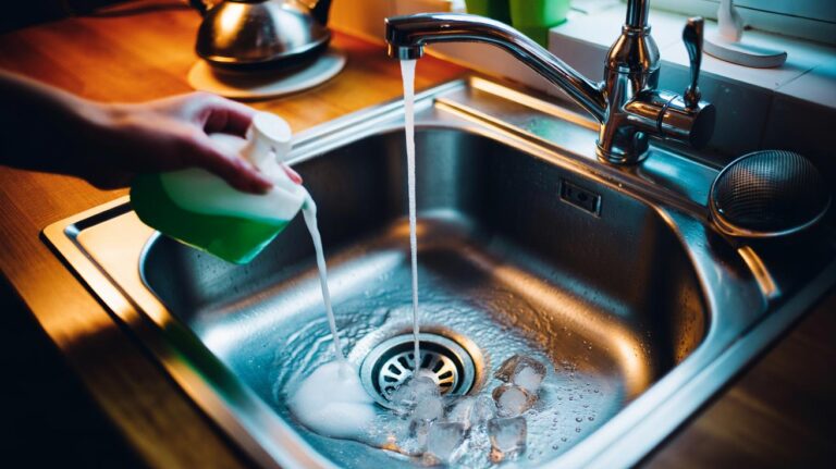 Illustration of the ice cube and dish soap hack used to unclog a kitchen sink