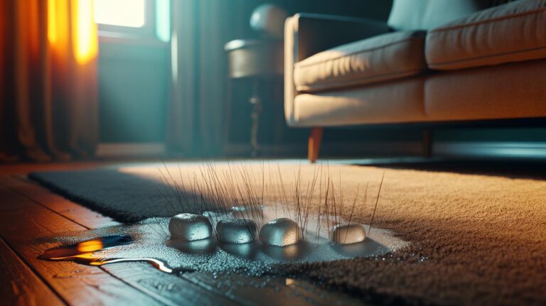 Illustration of ice cubes melting on carpet dents to lift fibres back upright