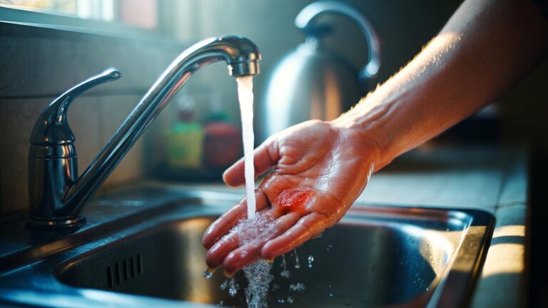 Illustration of a fresh hand burn being cooled under gently running tap water in the first minute.