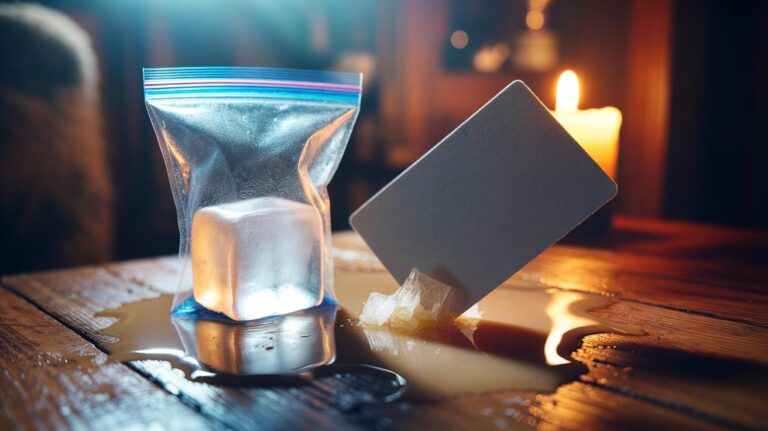 Illustration of an ice cube in a plastic bag chilling spilled candle wax while a plastic card scrapes the hardened wax from a tabletop