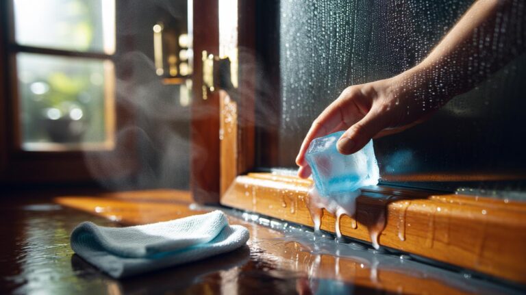 Illustration of an ice cube wrapped in a cloth being rubbed along a swollen wooden door edge to draw out moisture