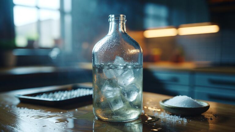 Illustration of ice cubes and coarse salt swirling inside a narrow-neck bottle to scrub the bottom